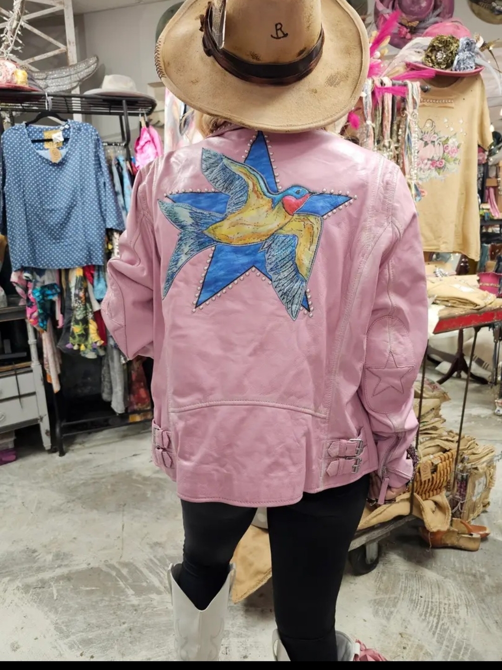 A RARE BIRD Pink EMBELLISHED Bird & Star Leather Starling Jacket - Women